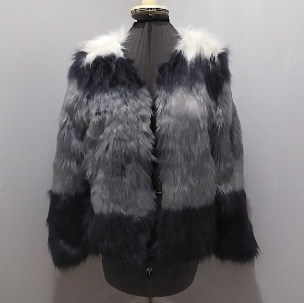 Tri Colored Blue Grey Faux Fur Jacket